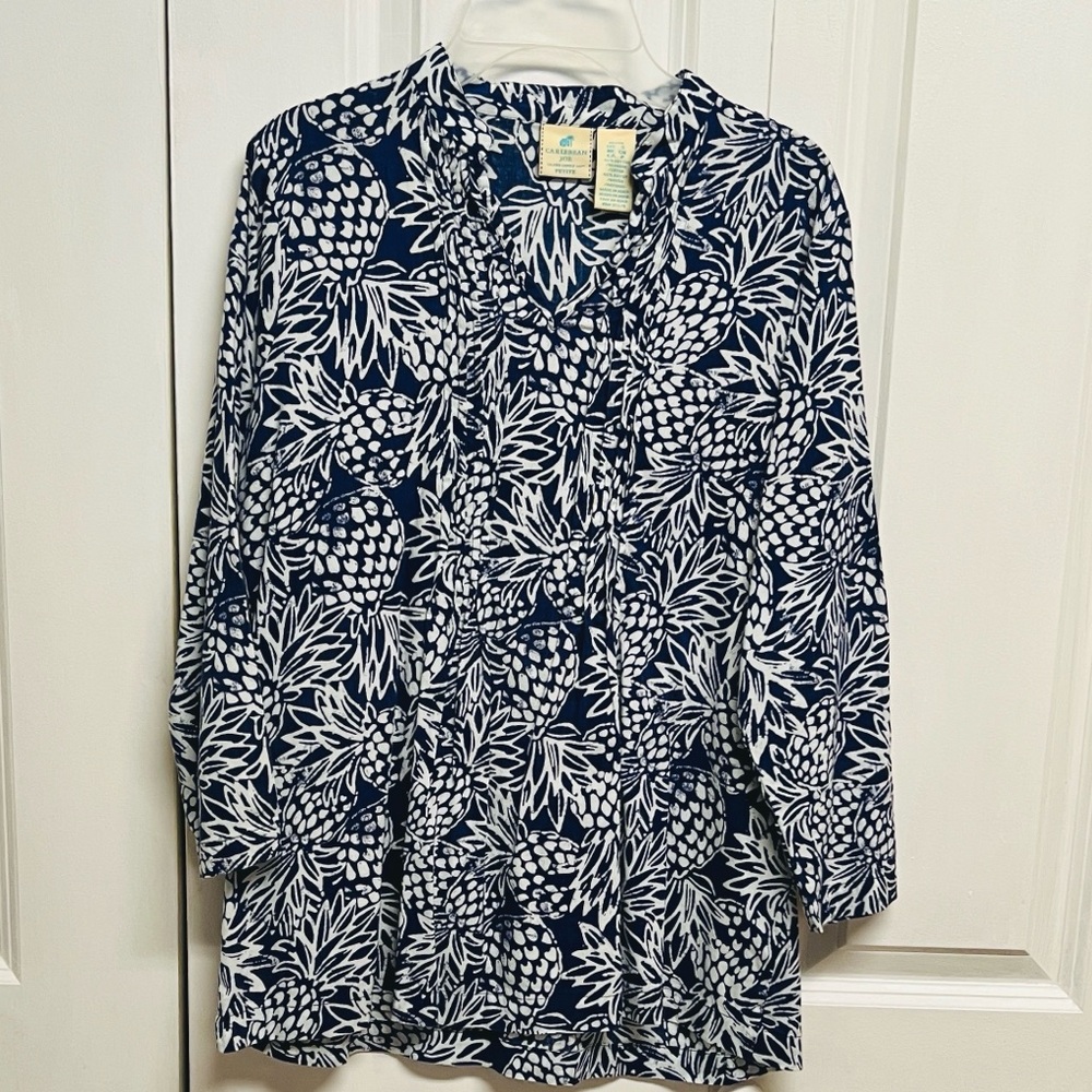 Caribbean Joe Navy & White Pineapple Mid Sleeve Blouse Petite Size PS